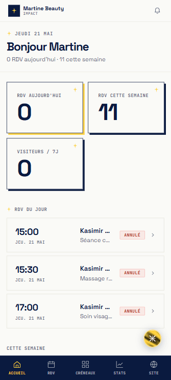 Dashboard YUXDEV mobile — vue d'accueil
