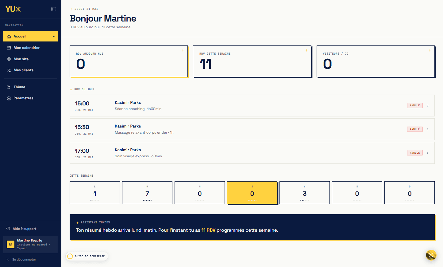 Dashboard YUXDEV — vue d'accueil avec RDV du jour et stats de la semaine